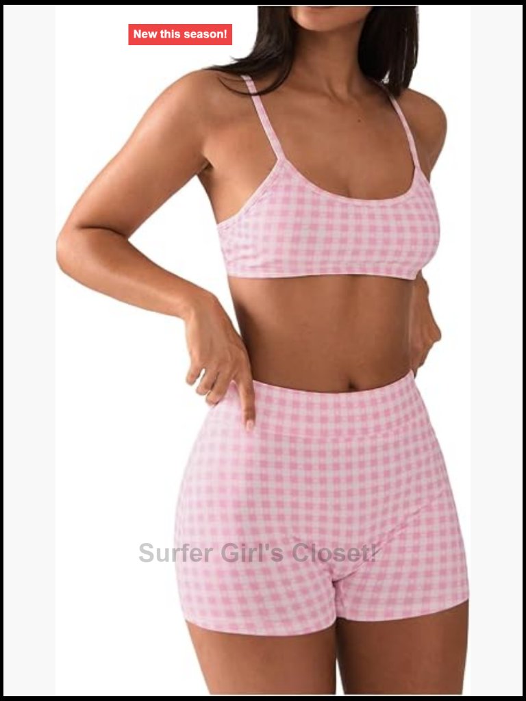 Gingham 2 Piece Workout Set Cropped Camisole Top Sports Shorts Athletic Matching